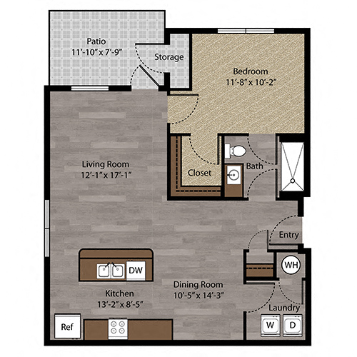 Floor plan for 1 bed, 1 bath, 736 sqft